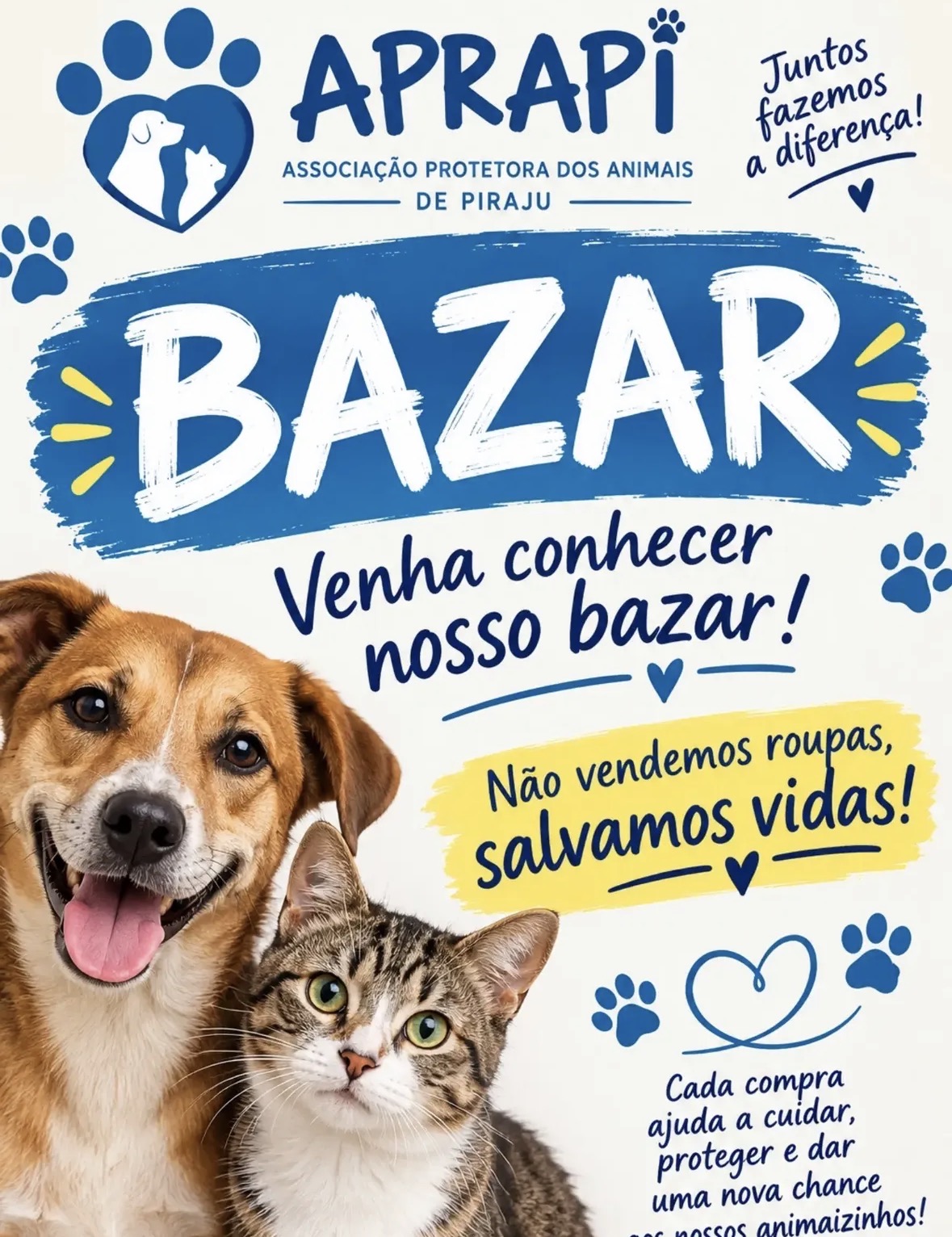 Cartaz de divulgação do Bazar Beneficente da APRAPI com a mensagem “Não vendemos roupas, salvamos vidas!”