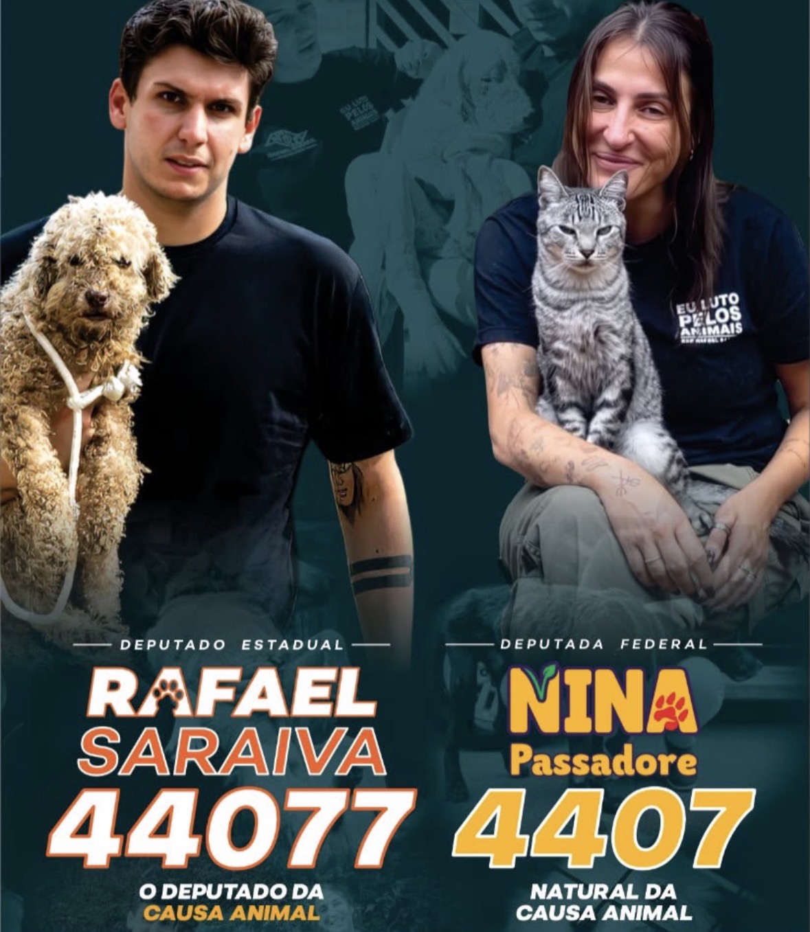 Cartaz eleitoral com Rafael Saraiva, 44077, deputado estadual, e Nina Passadore, 4407, deputada federal, ao lado de animais resgatados